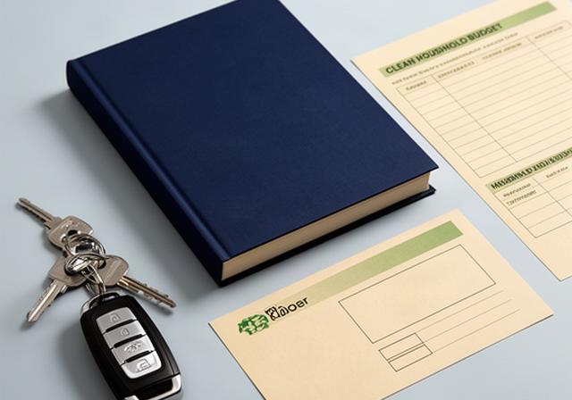 Grāmata par lielu pirkumu finansēšanu blakus automašīnas atslēgām un budžeta lapai